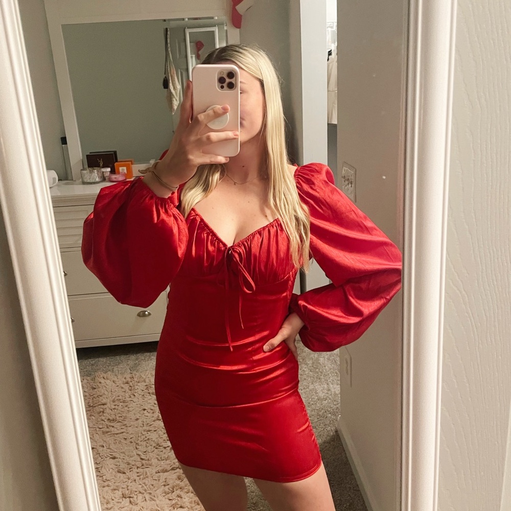 Fiestar long sleeve red satin mini dress